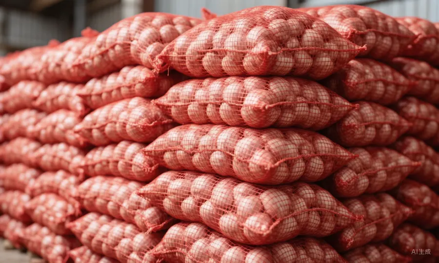 Stacked red mesh bags of garlic (AI-generated image)
