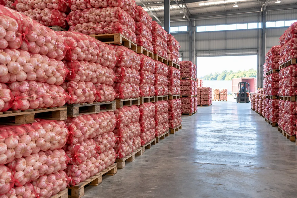Warehouse with pallets of garlic in red mesh bags (AI-generated image)